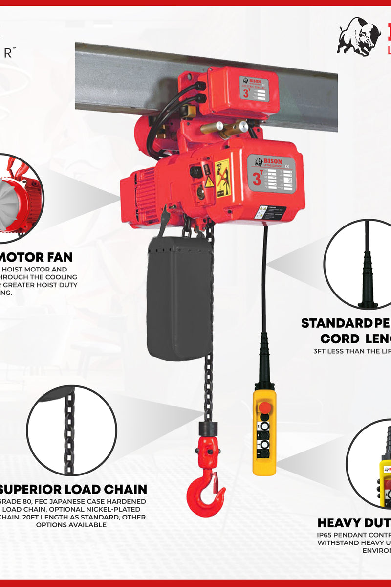 Bison 2Ton Electric Chain Hoist - Trolley Mount, 230v/460v, 3-Phase, Dual Speed